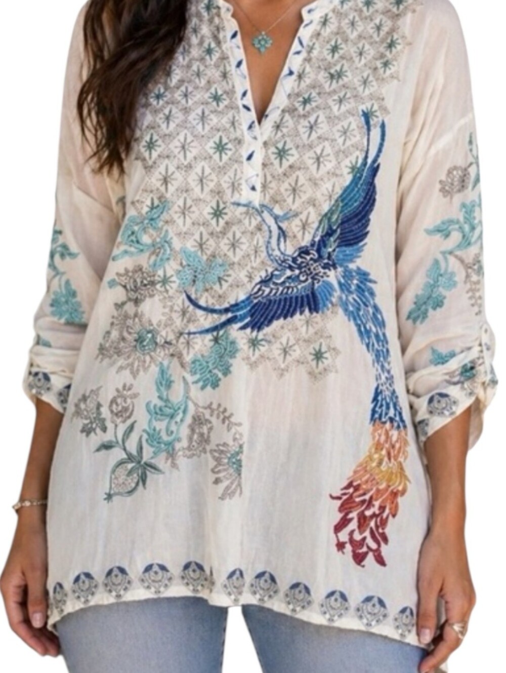 Johnny Was Pheonix Cream/Blue Embroidered Cupra Blouse Sz M